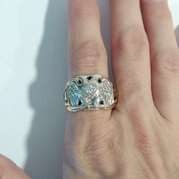 Vintage 10K Yellow & White Gold Masonic Diamond Ring Double Headed Eagle Signed